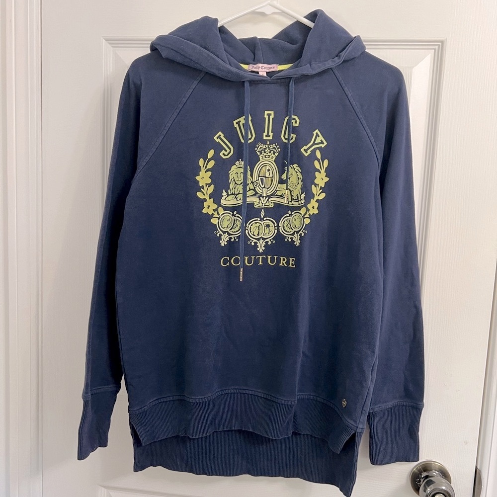 Juicy Couture (S) Y2K Branded Large Logo Sweatshirt Hoodie Blue Navy Yellow